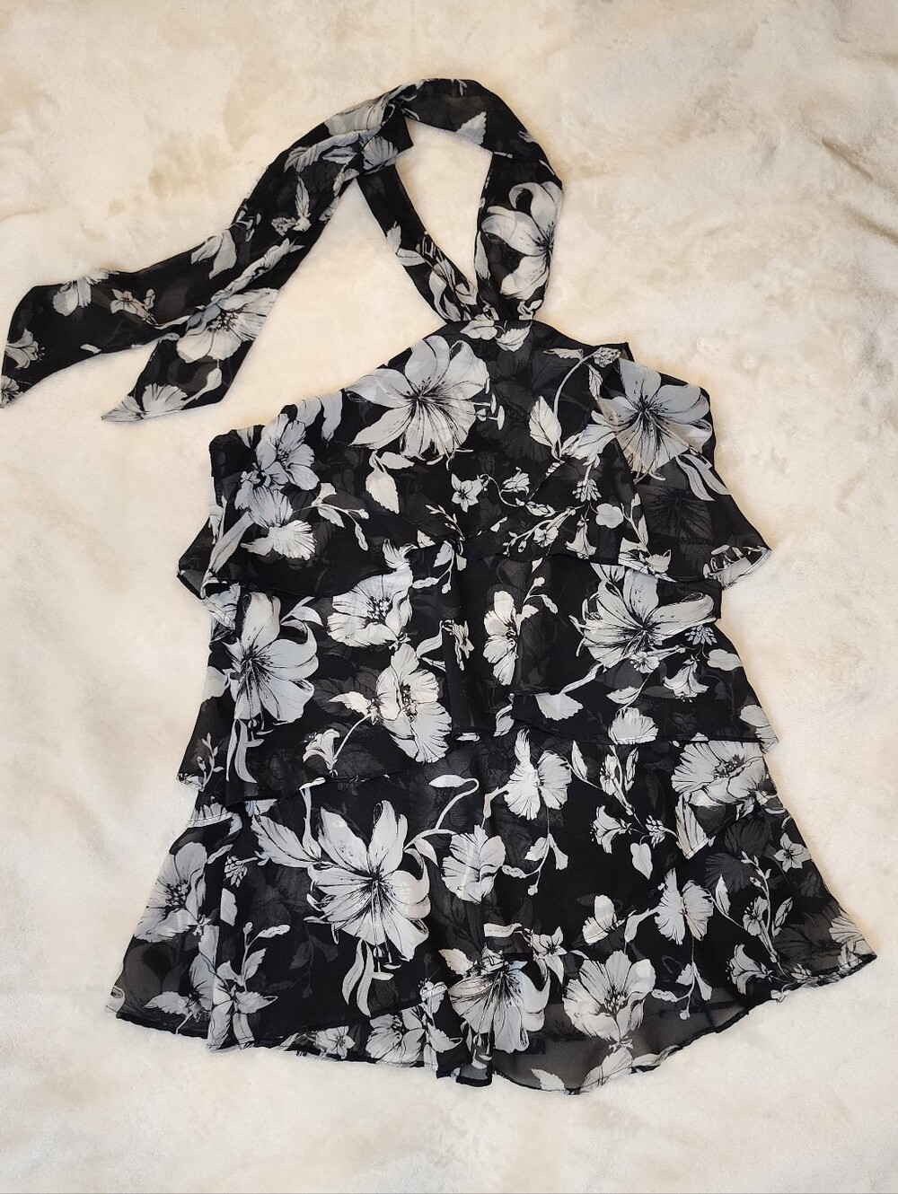 Black & White Floral Tiered Ruffle Halter Top